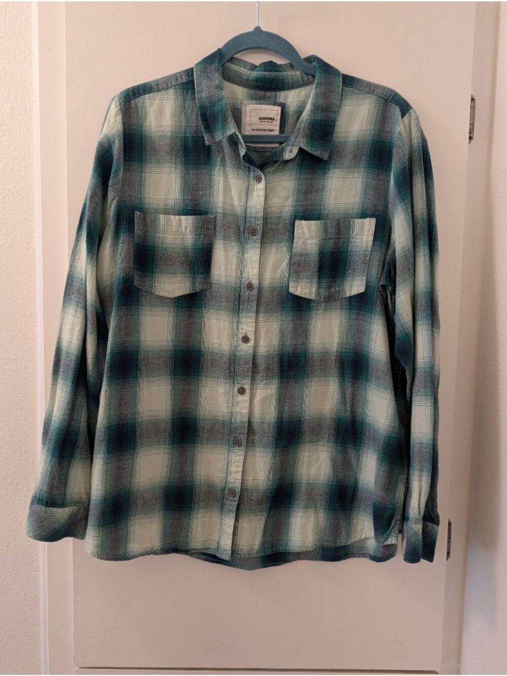 Sonoma Goods For Life XL Plaid Button-Up Flannel Shirt Teal & Gray 100% Cotton
